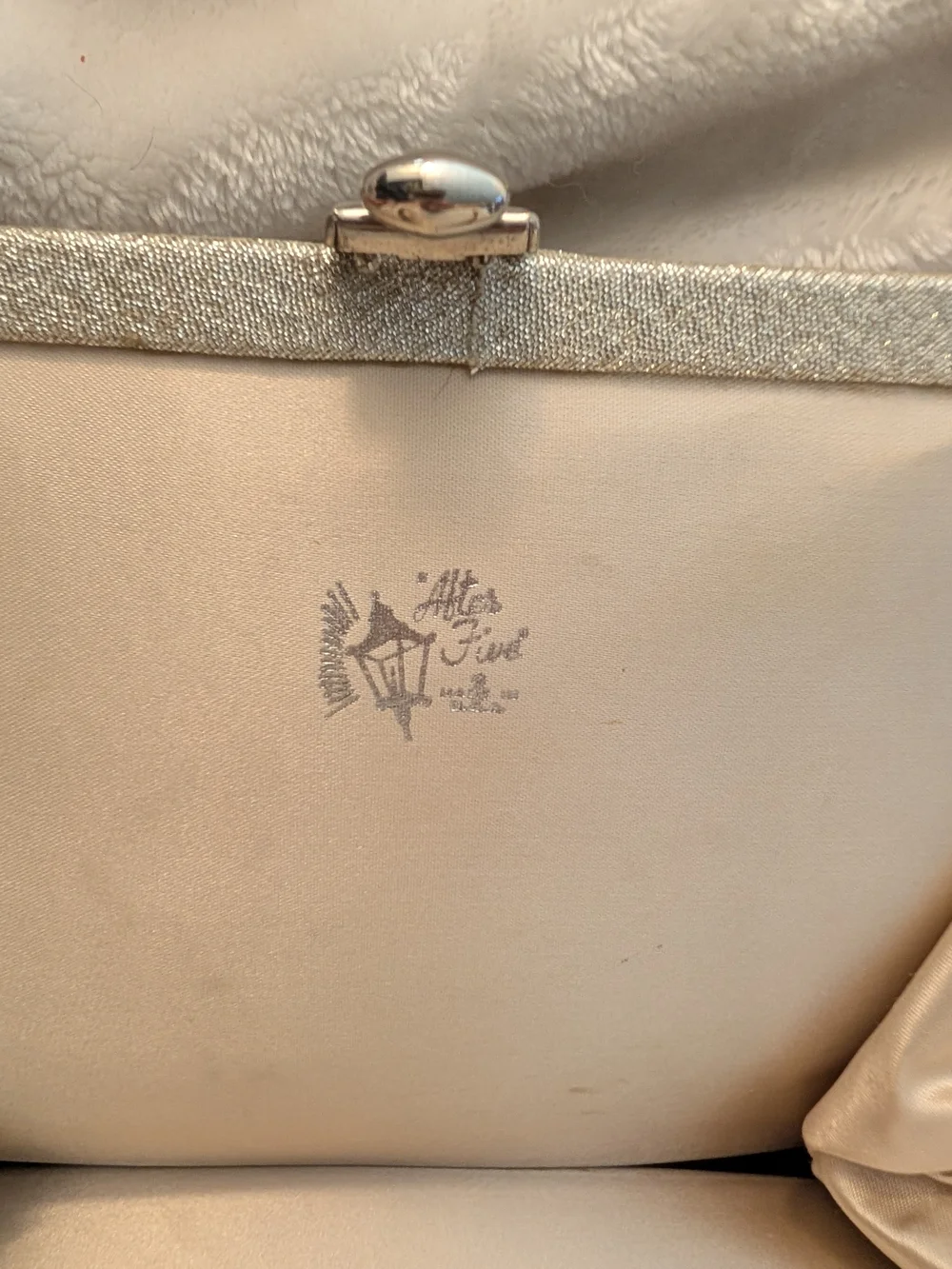 Vintage 1960s After Five Silver Lamé Evening Bag Clasp Mid Century Satin Lining